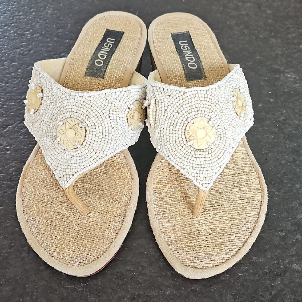 Women's Beaded Sandals - Cream and Gold